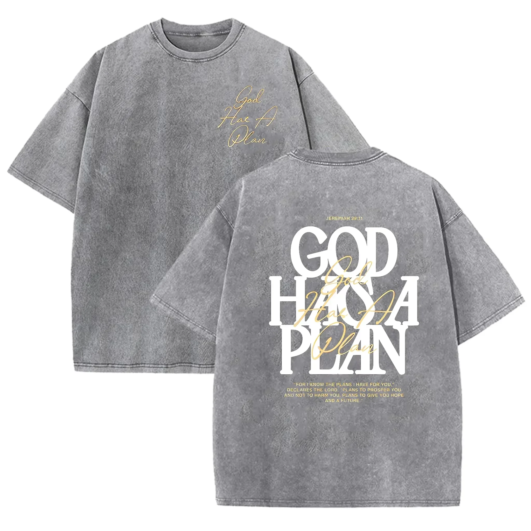 Vintage Washed Double Sided T Shirt God Has A Plan Christian Letter Print Oversized Faith Streetwear Short Sleeve Tee Asian Size