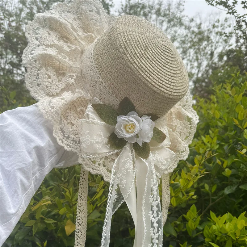 Damen-Sonnenhut, Kamelienblumen-Strohhut, Spitze, Schleife, Band, Strohhut für süße Kawaii-Mädchen, handgefertigt im Landhausstil, süße Lolita