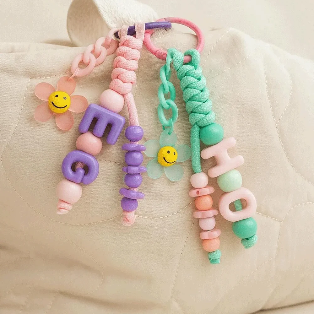 [Custom] Personalized Acrylic Bead Keychain – Colorful Letters, Flowers & Smiley Faces – Birthday Gift