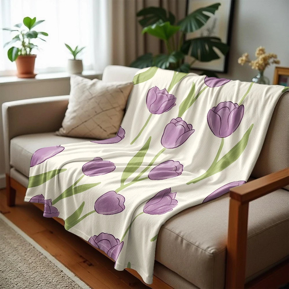 Soft Purple Tulip Vertical Soft Flannel Blanket Breathable Warm Throw for Office Car Sofa Kids Room Birthday Xmas Gift