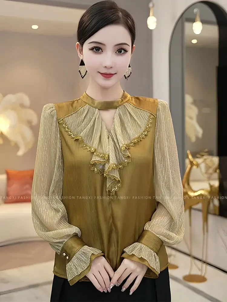 Women Luxury Trendy Ruffles Lace Patchwork Shirt Office Lady Vintage Elegant Harajuku Hollow Blouse Long Sleeve Loose Tops