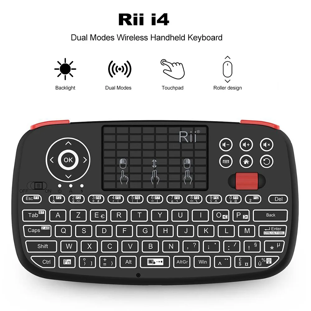 Rii i4 Mini clavier sans fil Bluetooth avec pavé tactile 2.4GHz souris rétro-éclairé télécommande pour Windows Android TV Box Smart TV
