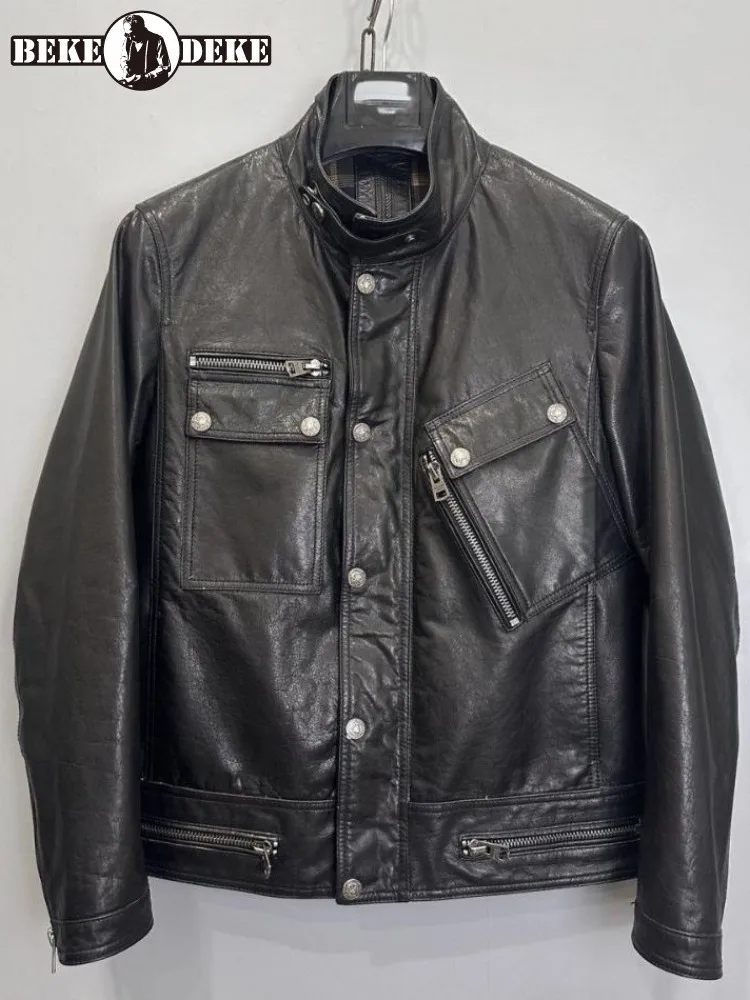 Retro Fashion Stand Collar Long Sleeves Genuine Leather Jacket Solid Color Zipper Button Loose Cowhide Male Motorcycle Coat