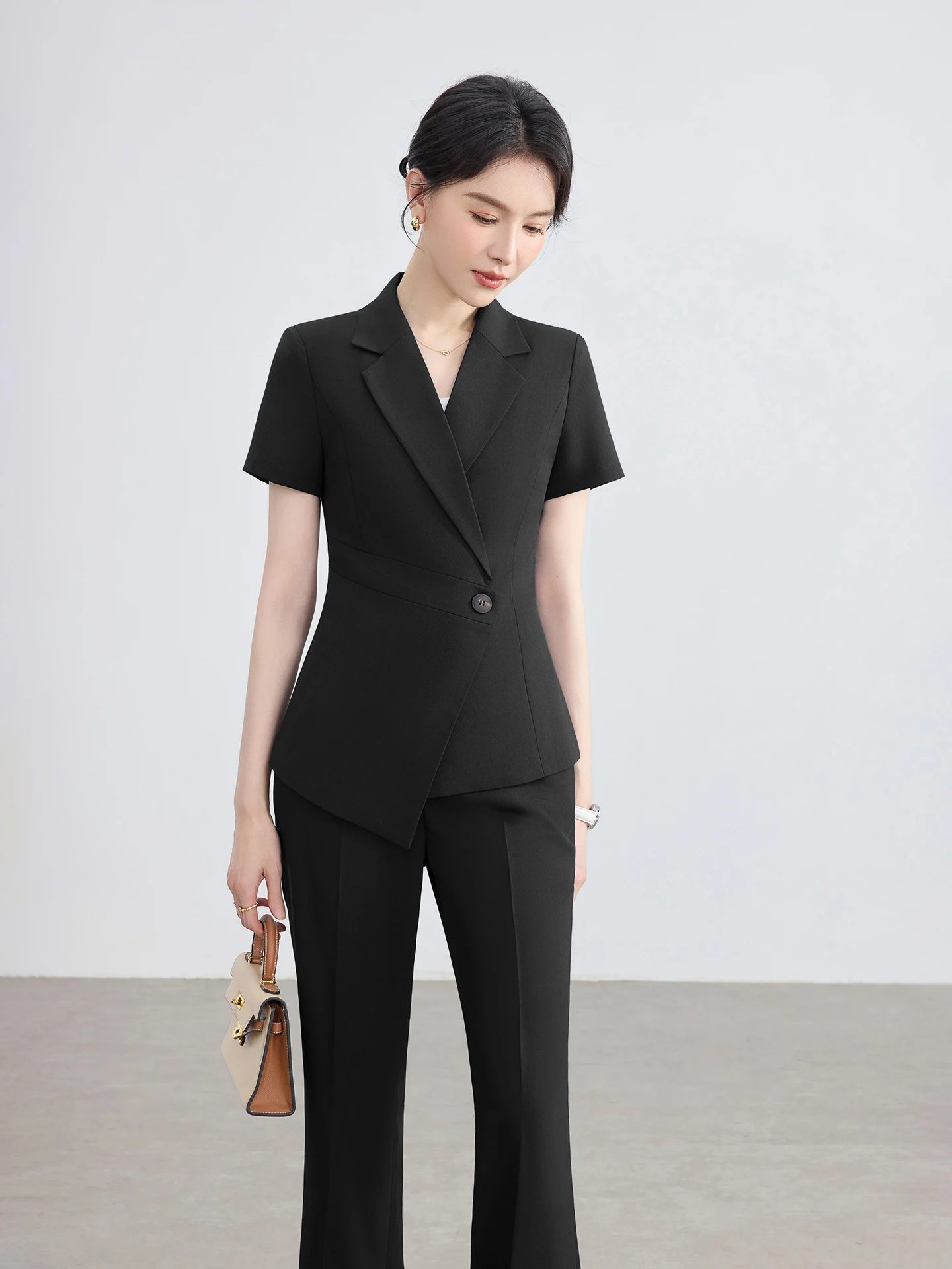 Slim Fit Short Sleeve Suit Set Women's Summer Thin Waist Cinched Elegant Workwear for Jewelry Store Front Desk Polyester Fiber