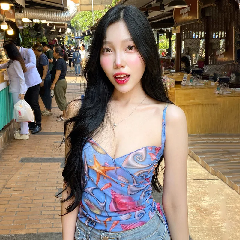 

Summer New Spicy Girl Vest Vacation Style Sexy Suspender Mesh Printed Cool Top