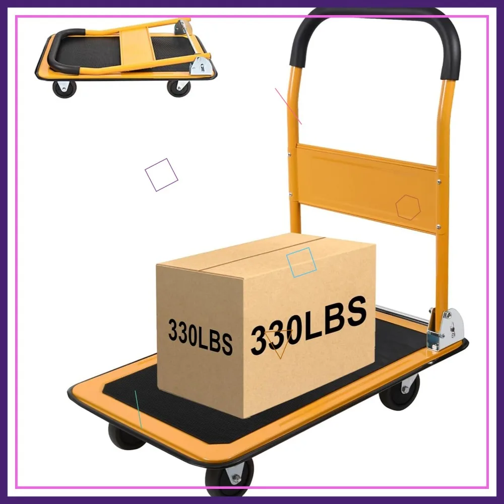 

Foldable Push Cart with 330lbs Capacity, 4 Wheels, Yellow Small Flatbed Cart for Easy Transport