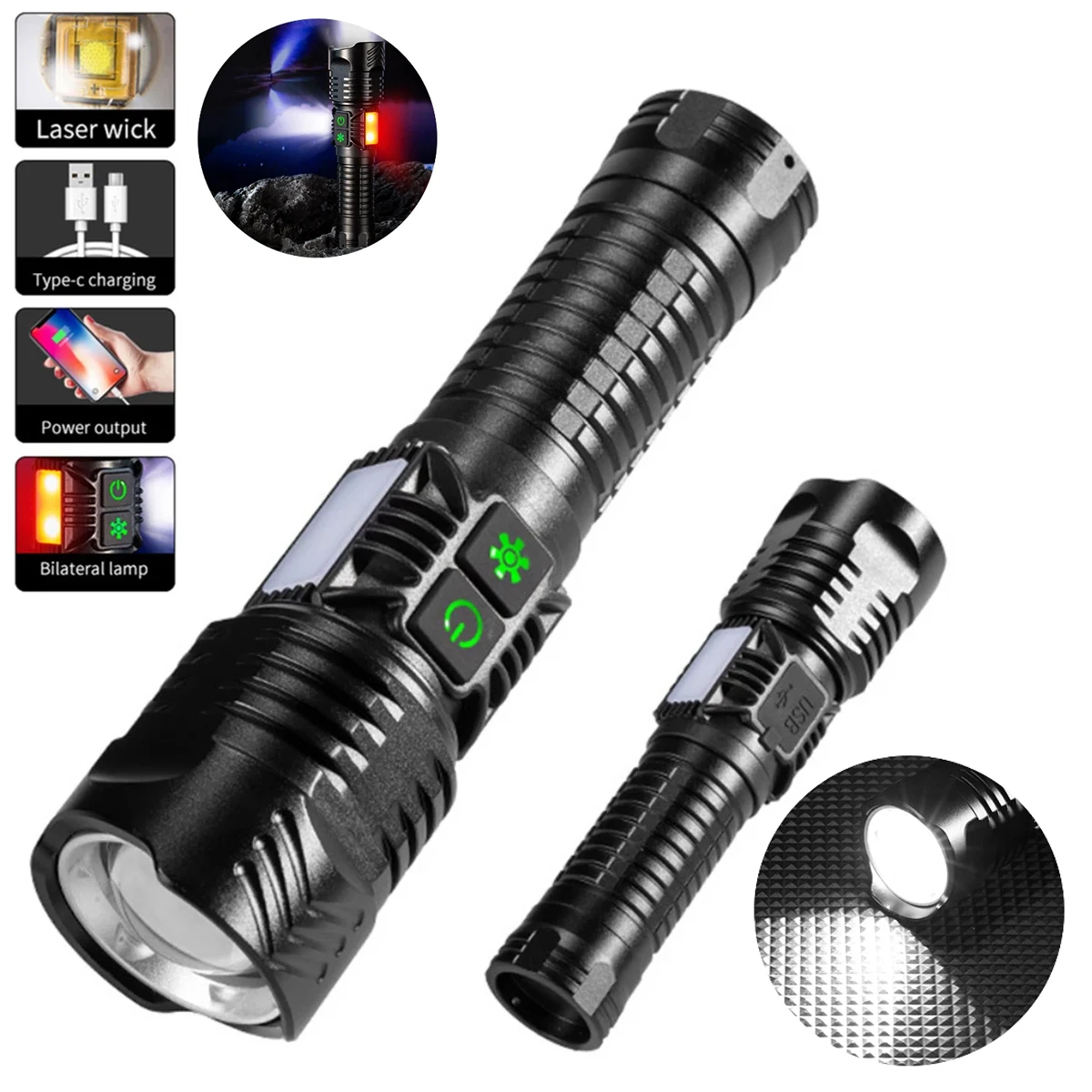 USB Rechargeable Zoomable Torch High Lumens LED Flashlight Portable Waterproof Camping Lantern 18650 Power Bank Hand Spot Light