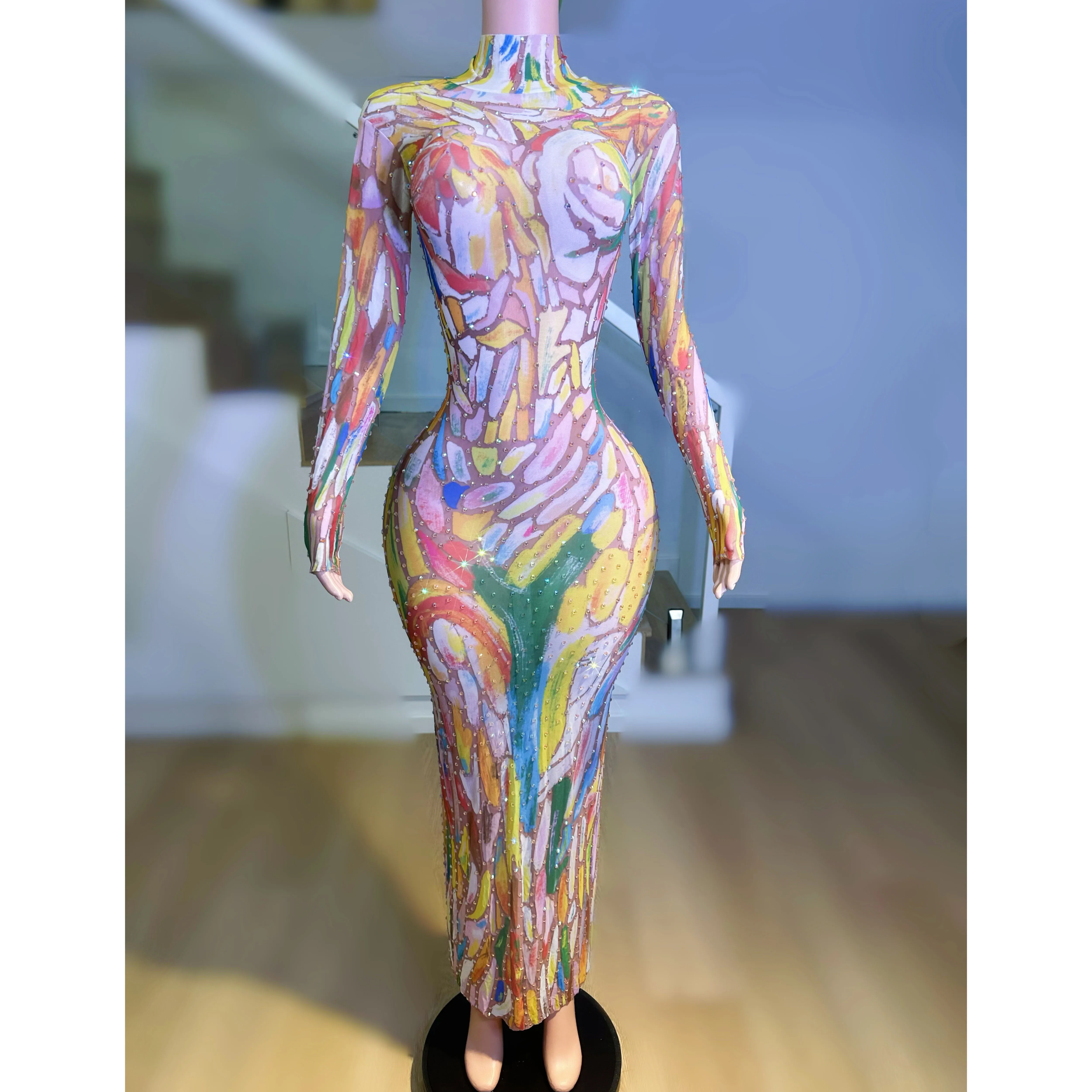 

Colorful Oil Painting Prom Dress Long Sleeve Evening Dresses Nightclub Club Party Singer Stage Performance Wear Female