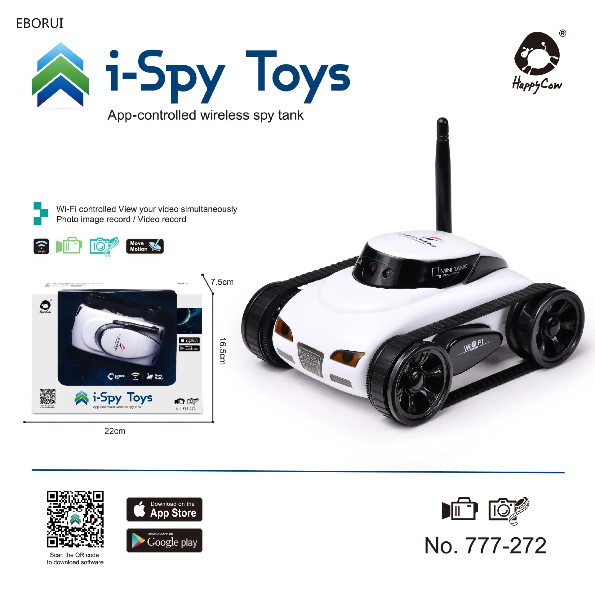 EBORUI 272 Mini I-spy RC Tank Car RC Camera Cars with Wifi FPV 30W Pixels Camera for IPhone IPad IPod Controller