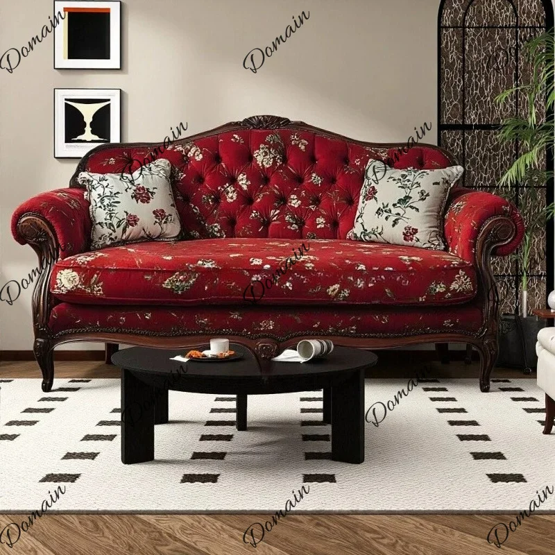 American brown retro solid wood three-person sofa villa living room double buckle hotel pastoral studio sofa