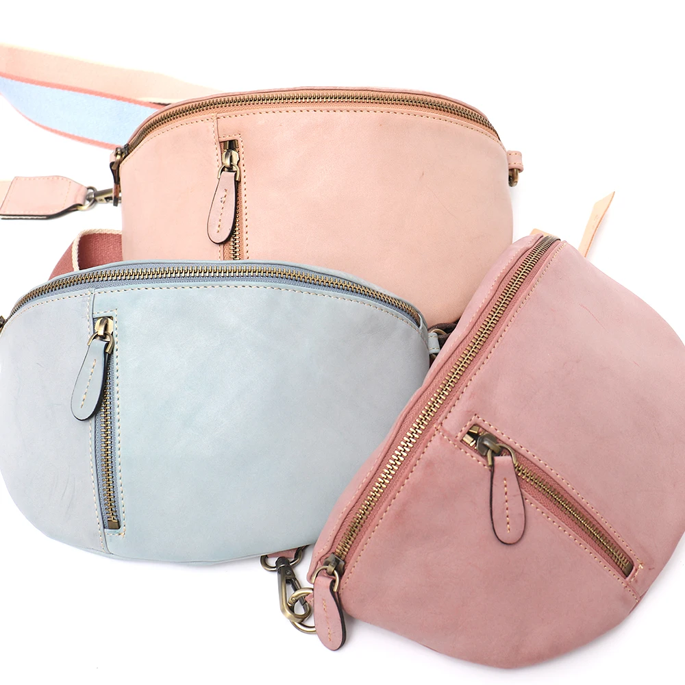 SC Vintage Cowhide Girl Waist Fanny Pack Crossbody Belt Bag for Women Wax Leather Chest Sling Wde Strap Handy Bags Purse Pouch