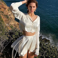 White Elegant Satin 2 Piece Women's Lantern Long Sleeve Cropped Top Cardigan Sexy High Waist Strappy Skirt Set