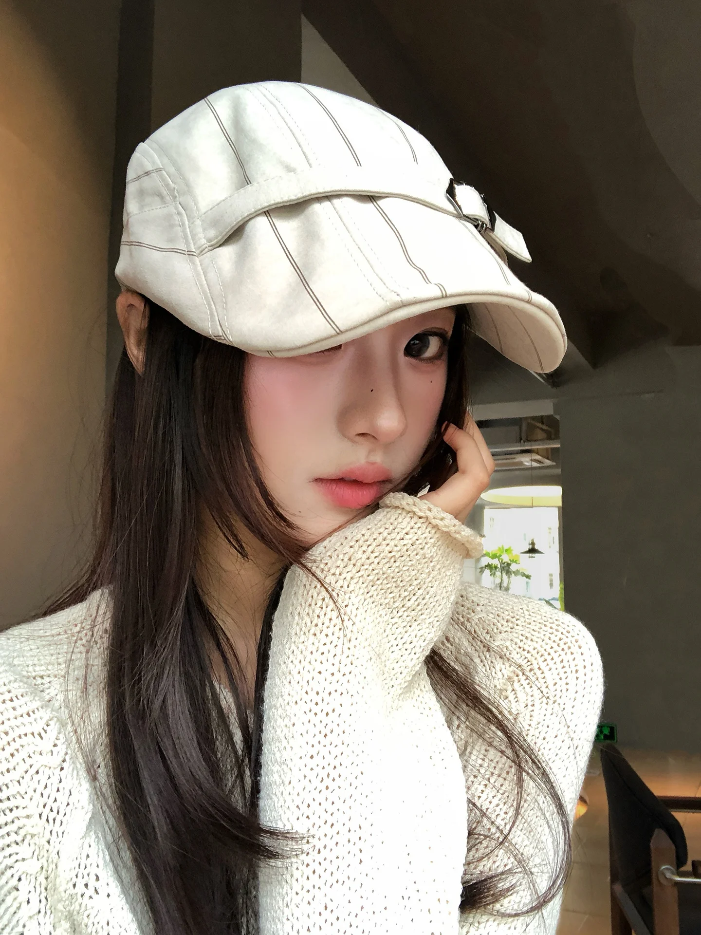 Retro Korean Striped Beret Hat Women's Autumn New Style Versatile Backward Wearing Newsboy Cap Face Slimming Fashion Accessory