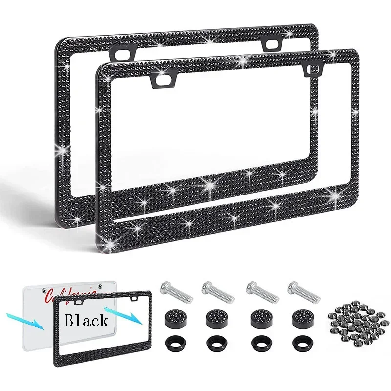 1/2pcs Bling Crystal License Plate Frame Luxury Car Frame Plate with Button Diamond Car License Plate Frame Cover for Women