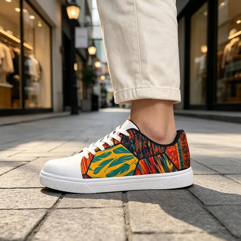 Ladies Men's Road Running Shoes，White sneakers with printed design，Various sizes available，Striking ethnic tribal pattern，Retro