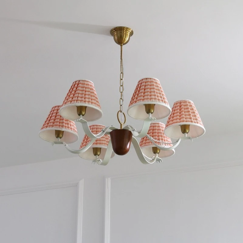 Lampadario da camera da letto studio retrò americano, lampada principale da soggiorno in legno massello con stampa in tessuto di design