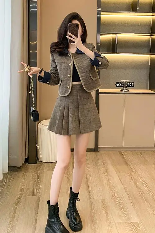 New Fall Winter Tweed Skirt Suits Vintage Women Single Breasted Lapel Short Jacket Coat + Pleated Mini Skirt Sweet Two Piece Set