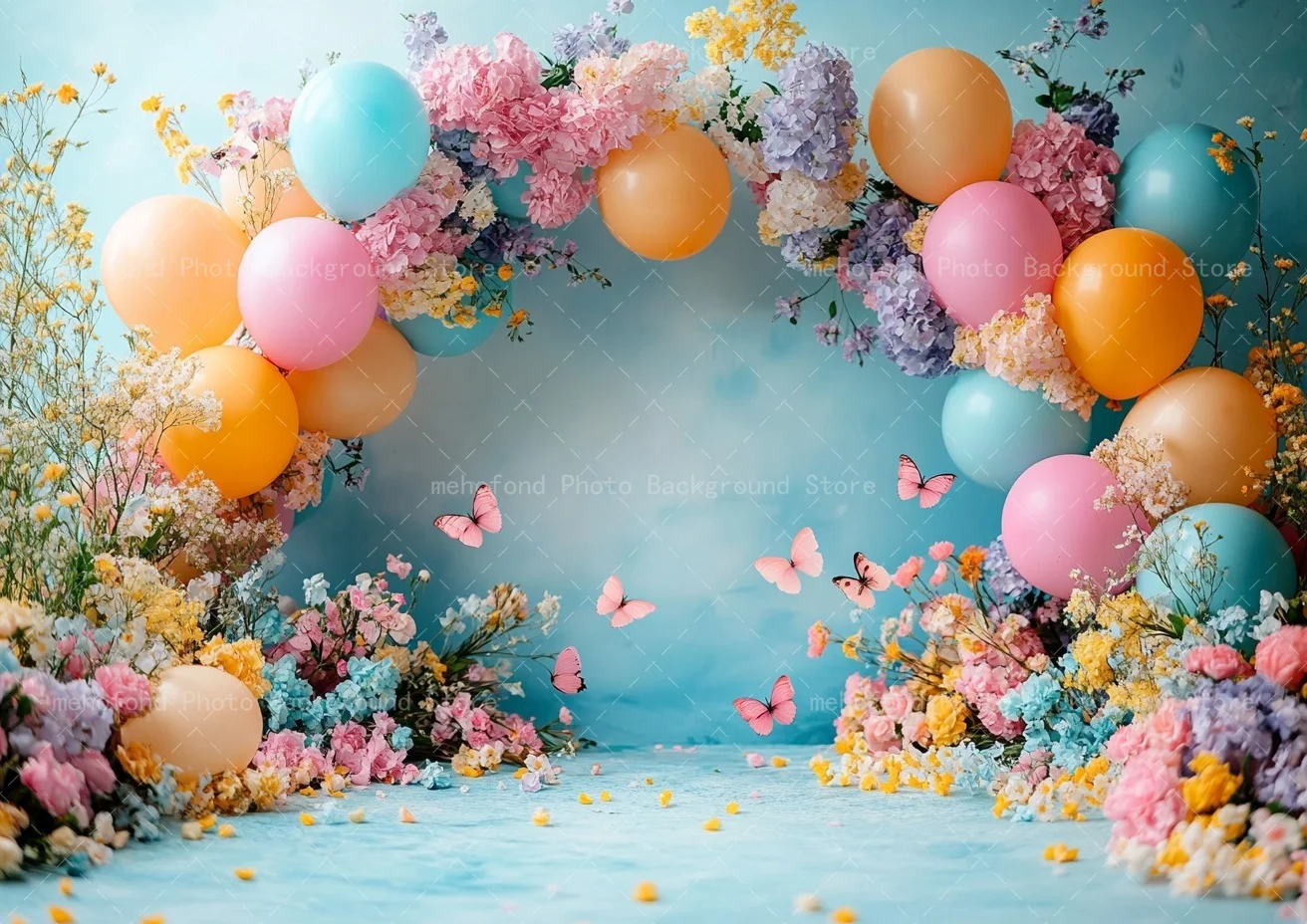 Mehofond Photography Background Minimalist Blue Graffiti Wall Balloon Door Flowers Butterfly Kids Family Portrait Backdrop Decor