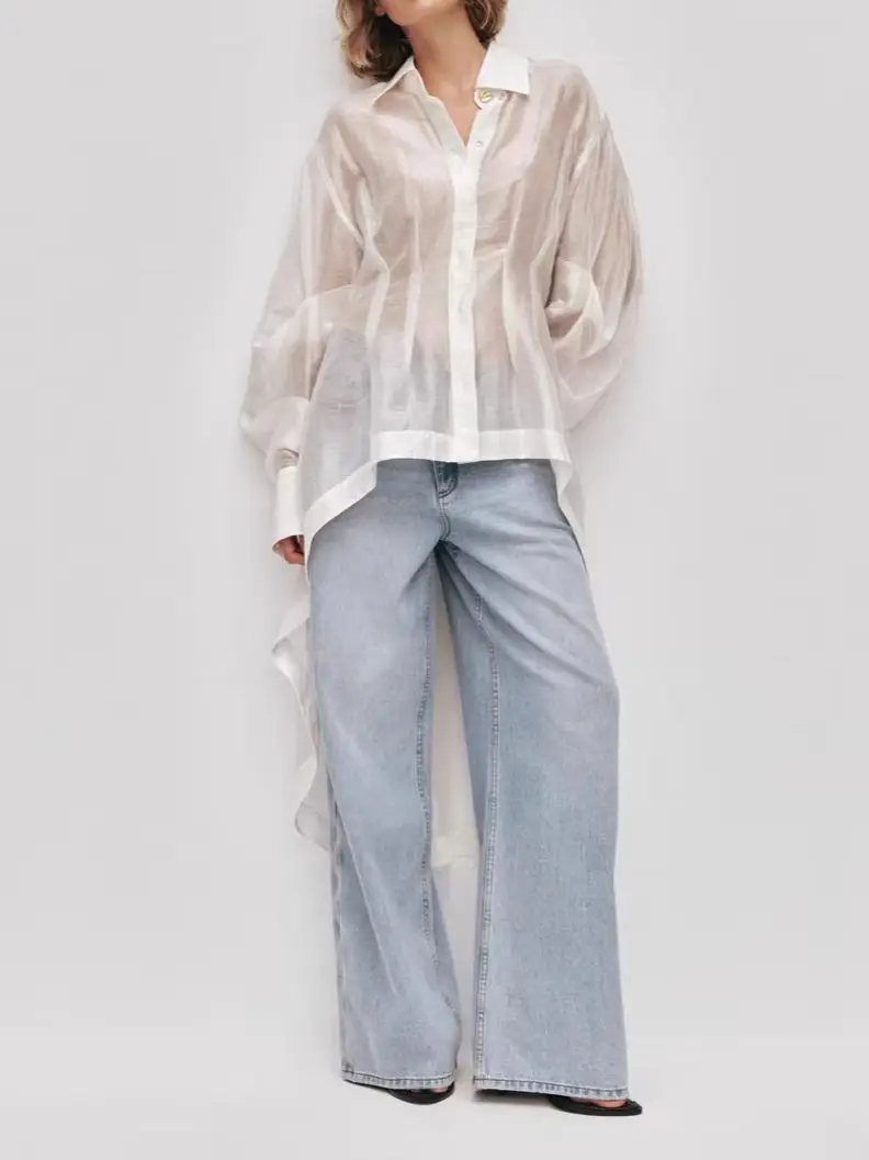 

2-Color Women's Asymmetry Shirt Slightly Transparent Turn-down Collar Long Sleeve Single Breasted Casual Fashion Blouse