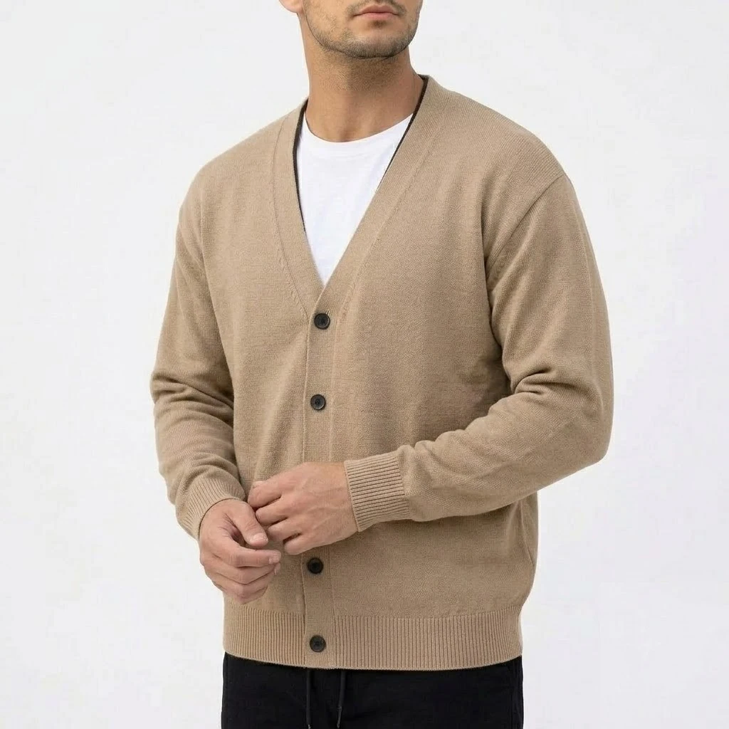 Outdoor-Herren-Strickjacke mit V-Ausschnitt, langen Ärmeln, einfarbig, lässige Sportbekleidung, geknöpfter Strickmantel. – Detail 5