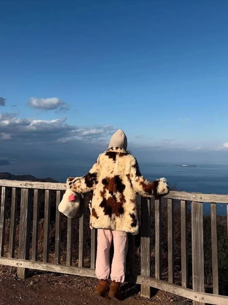 Warme Faux Pelz drehen-unten Kragen Mantel Frauen Mode Einreiher Lose Leopard Print Outwear Dame Herbst Winter Chic jacken