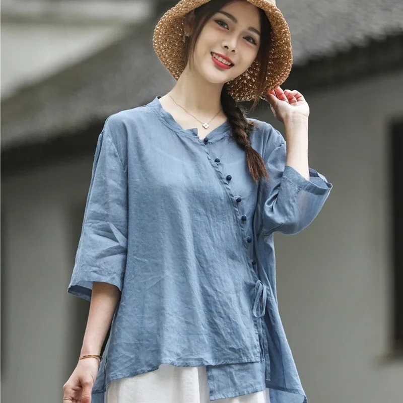 Ladies Chinese Tops Vintage T Shirt Women Long Sleeve Cotton Linen V Neck Loose Tee Shirt Chinese Style Clothing Women 11084