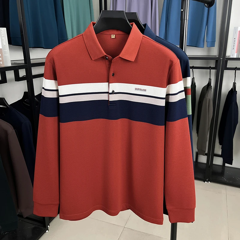 الموضة الكلاسيكية مخطط كم طويل قميص بولو الرجال العلامة التجارية الفاخرة رسالة مطبوعة الأعمال عادية ربيع الخريف جديد التلبيب تي شيرت