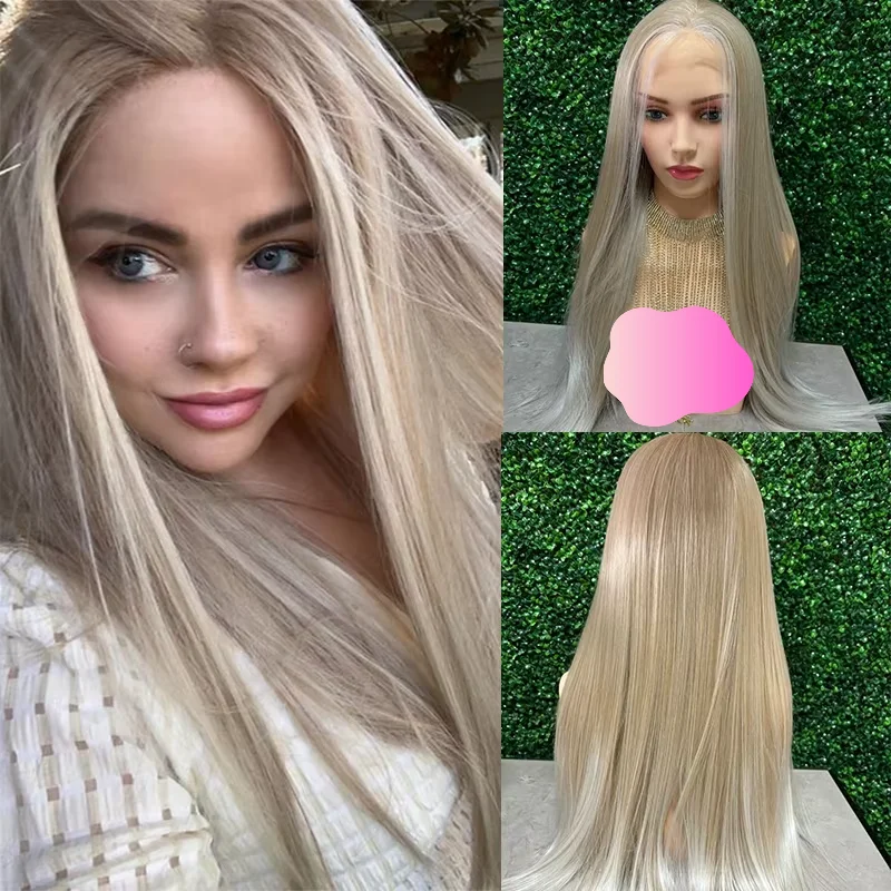 Grey Blonde Wigs Heat Resistant Fiber Silky Straight Ash Highlights Synthetic Wigs HD Lace Front Wigs For Women Glueless 28