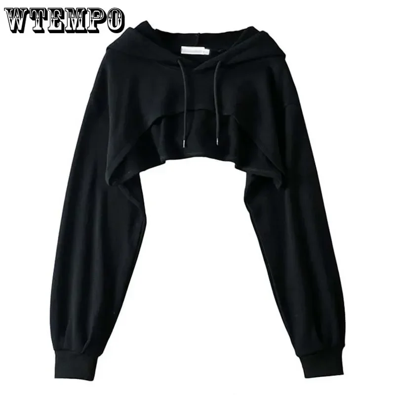 WTEMPO Women Sexy Drawstring Hooded Sweatshirts Long Sleeve Pullover Hoodie Super Crop Top Hoody Sweatshirts