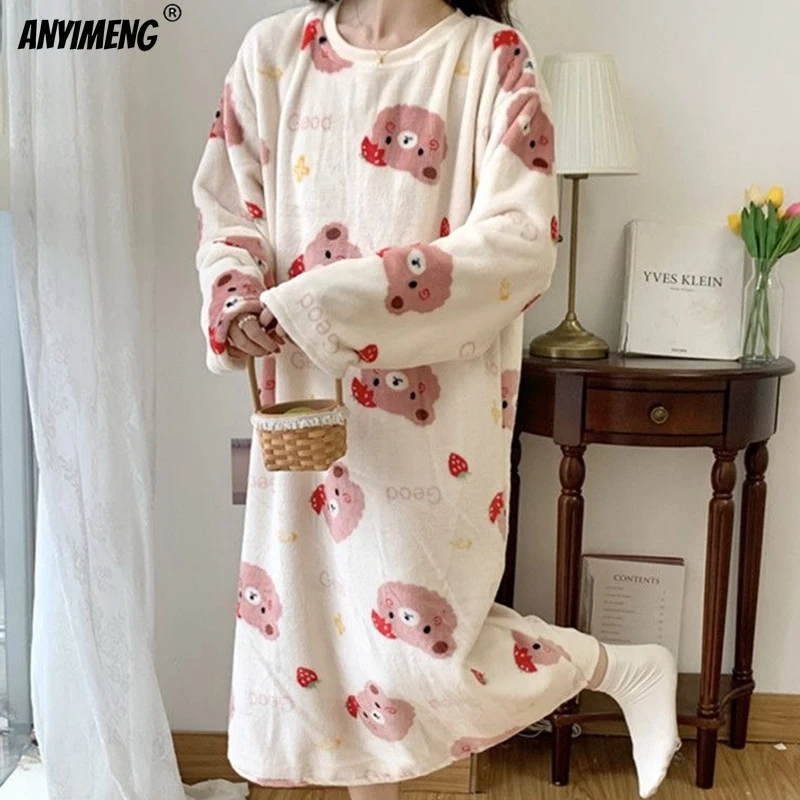 SUKAE Winter Women Nightgowns Girls Sleepshirts Velvet Leisure Flannel Gowns Homewear Casual Sleepdresss Round Neck Pijama Dress