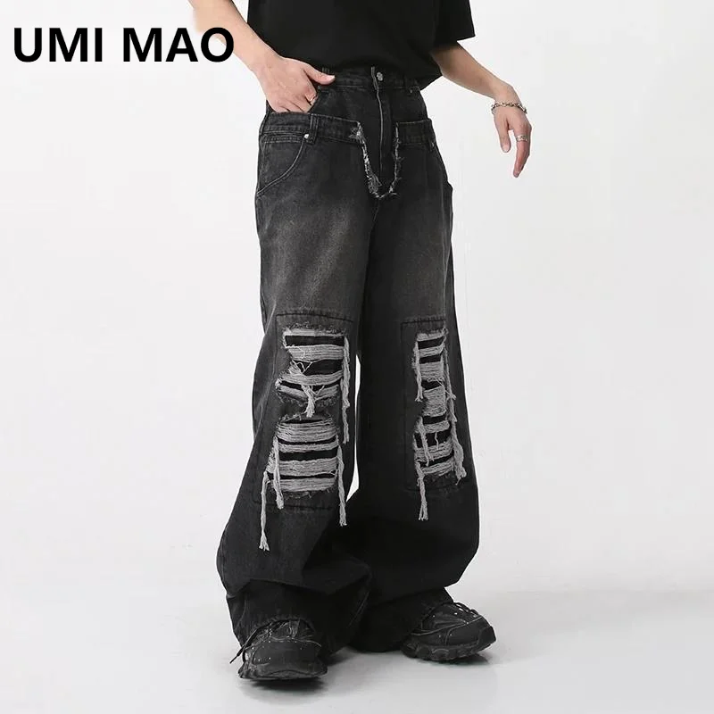 

UMI MAO Men's Wear New Casual Jeans Trousers Spring Loose Wide Leg Patch Hole 2024 Contrast Color Male Pants Vintage Femme