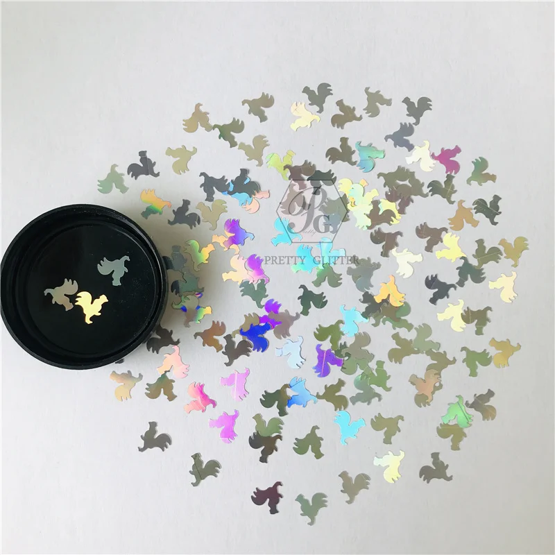 PrettyG 1 Box Special Roosters Glitter Shape Holographic Silver Animal Glitter Sequins for DIY Art Craft Nail Makeup Decoration