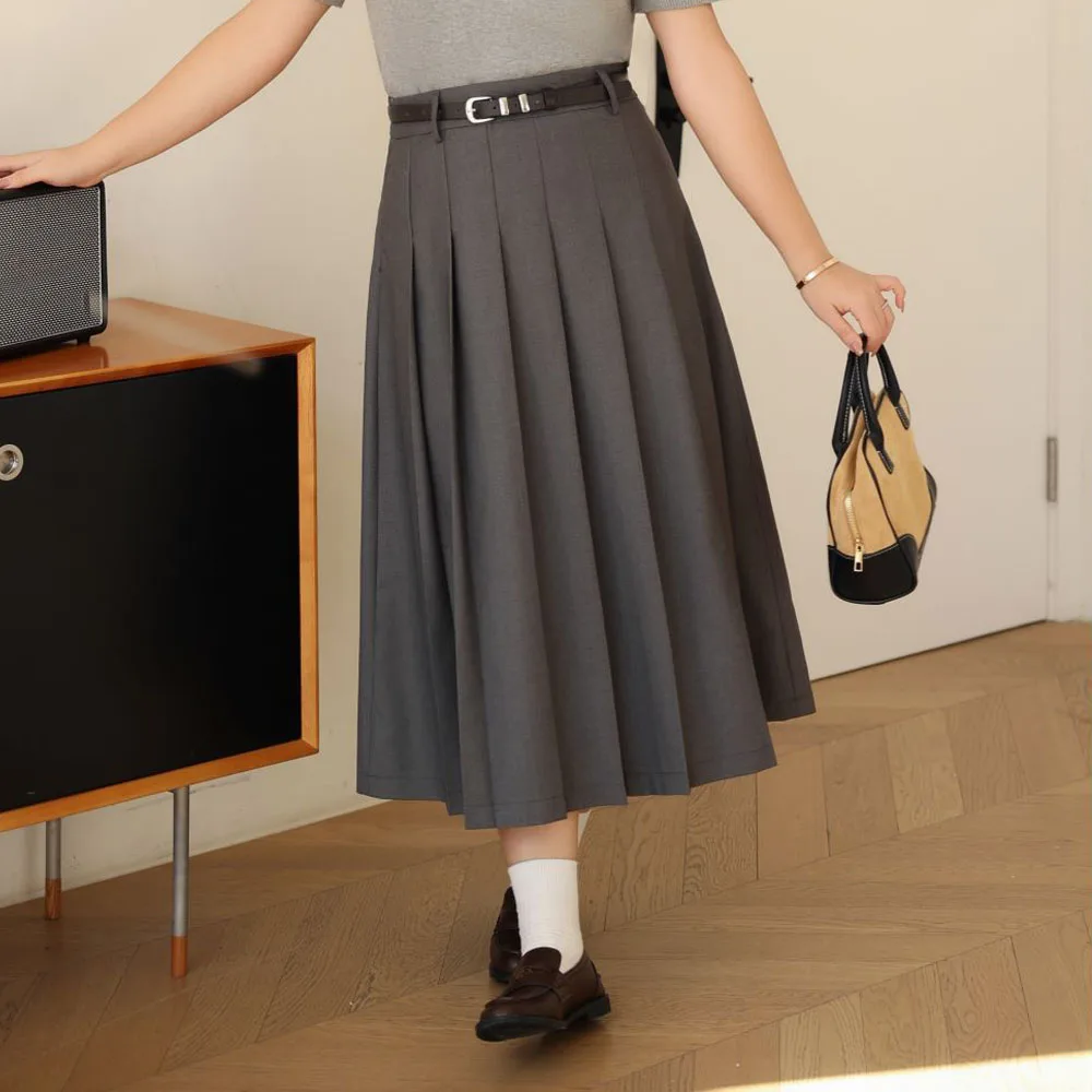 Commuter High Waisted A-Line Calf Length Pleated Skirt Plus Size Women Fashion Office Lady Grey Bottoms