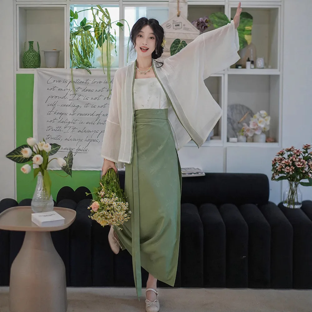 2025 신곡 왕조 스타일 여름 자카드 새틴 트월 스커트 여성용 한복 중국 스타일