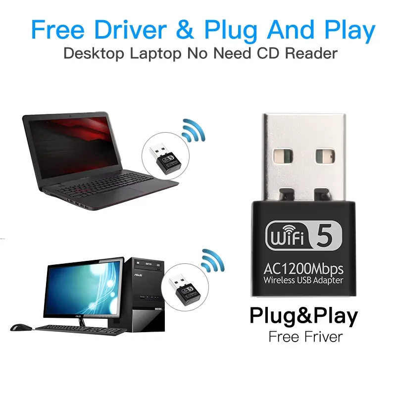 1200Mbps USB ミニネットワークカード AC1200 WIFI 5 ワイヤレス Lan イーサネットデュアルバンド 2.4GHz/5GHz Wi-Fi Lan アダプター PC ラップトップ用