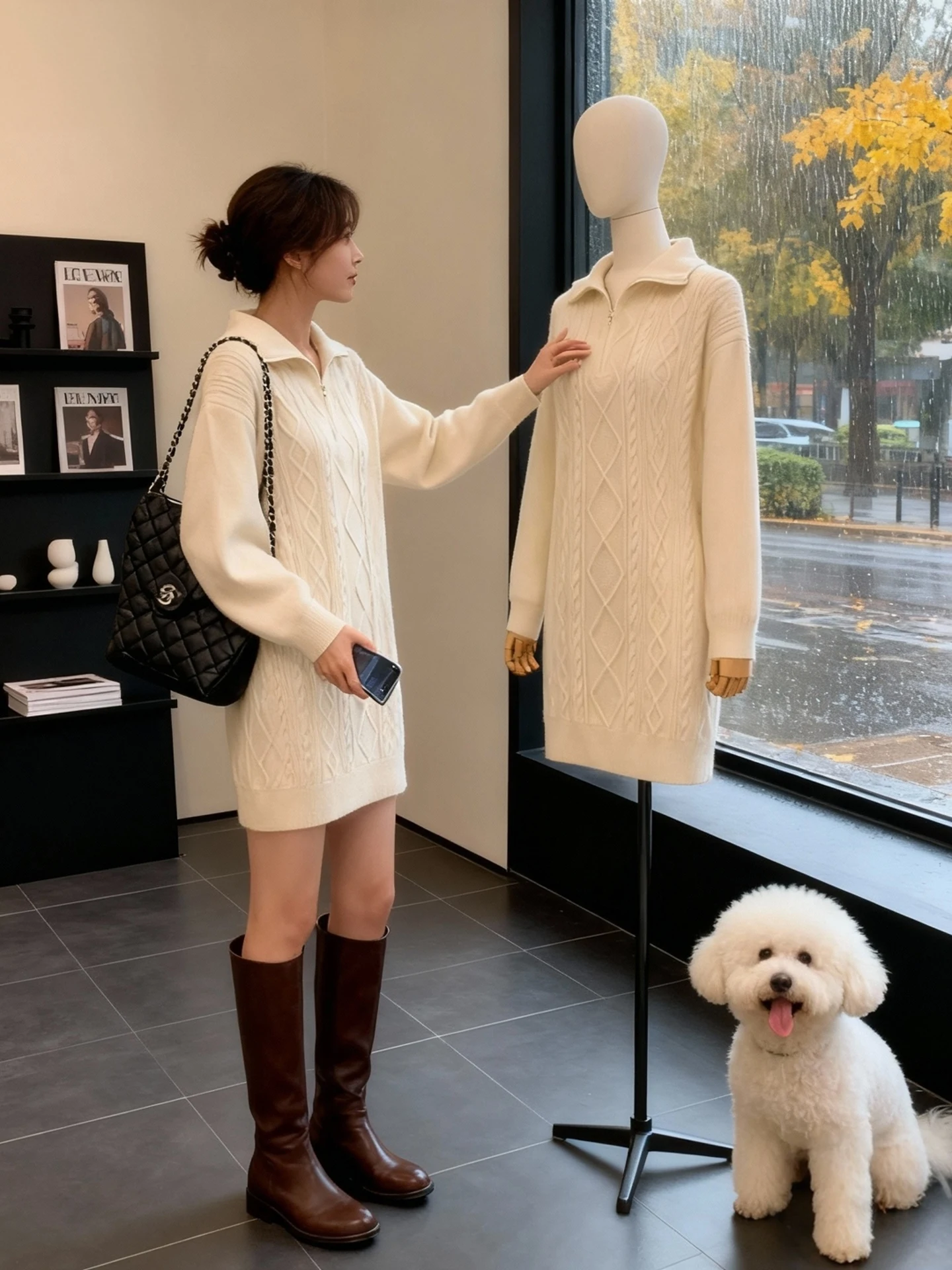 

Korean Sle Loose Knitted Dr Women's Thiened Flip Collar Slimming Long Sve Mid-Length Warmth Emitting Dr