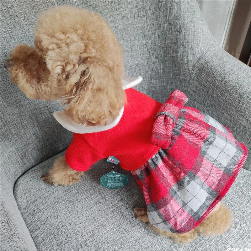 1PC Pet Clothes Cat Autumn and Winter Thickened Red Checkered Doll Neck Princess Dress Red Suitable for Small and Medium Dogs