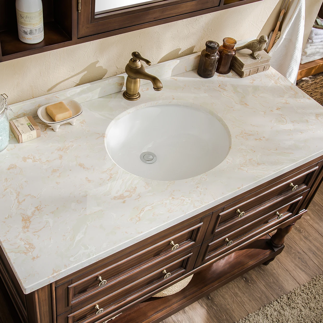 Bathroom Vanity with Mirror,Antique Classic Style Wooden Storage Cabinet,Floor Standing Sink,Waterproof Easy Clean