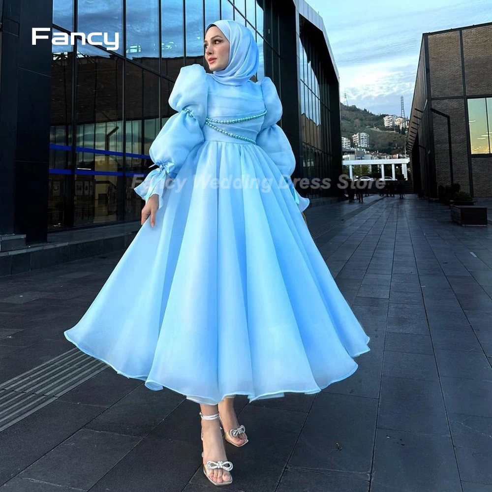 Fancy Vintage Blue Muslim Wedding Dress Saudi Arabia Organza Bridal Gown Pearls With Veil Formal Occasion Dresses customized