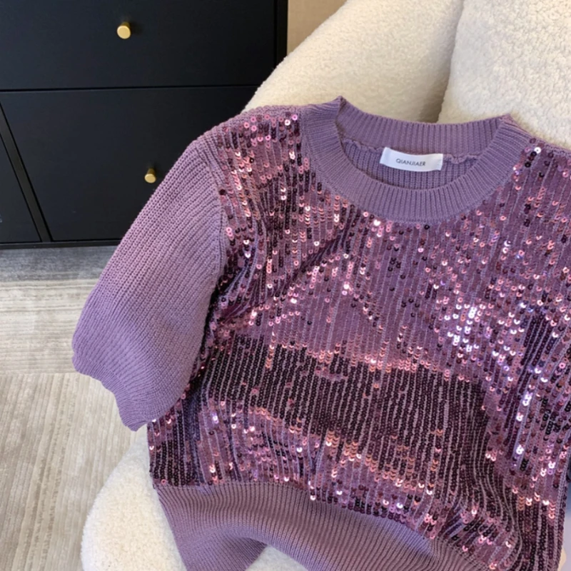 French Sequin Purple Knitwear Women Spring Summer New High Quality Soft Waxy Sweater Slim-Fit Elegant Commuter Short-Sleeved Top