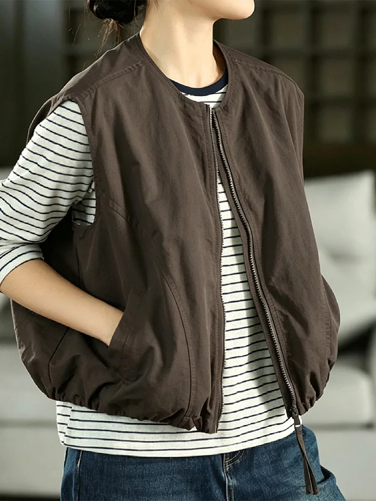Authentic 2026 Cotton Short Jacket Women Loose Slim Sleeveless Vest Outer Cardigan Matching Casual Style Mid-aged Suitable