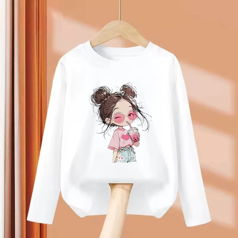 Langarm Y2k Hip Hop Retro Mädchen Saft-Trinkmotiv T-Shirts Kinder T-Shirt Mädchen Sommer Frühling Lässiges Oberteil Tee Shirt