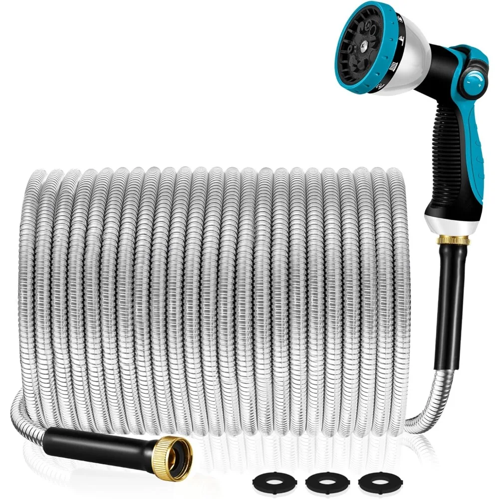 

Garden Hose 100 ft Metal - Stainless Steel Water Hose Flexible Heavy Duty Garden Hose Collapsible and No Kink Water Pipe