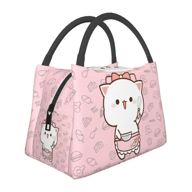 Mochi Cat Chef Peach Thermal Insulated Lunch Bags Women Peach And Goma Resuable Lunch Tote for Outdoor Picnic Meal Food Box