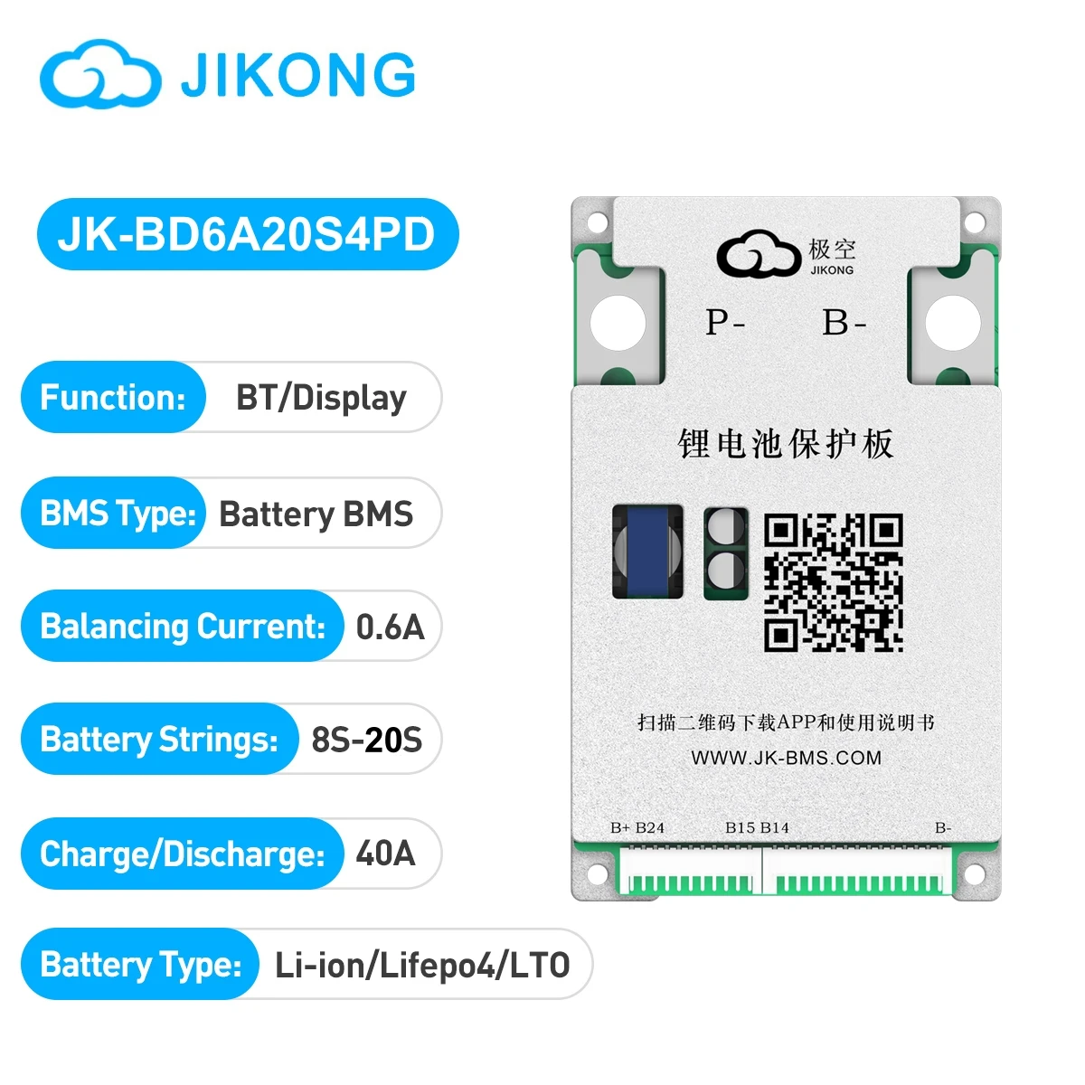 JIKONG BMS JK-BD6A20S4PD For 8S-20S Li-ion/Lifepo4/LTO Batteries 0.6A Balancing Current 40A Charge Discharge Battery Active BMS