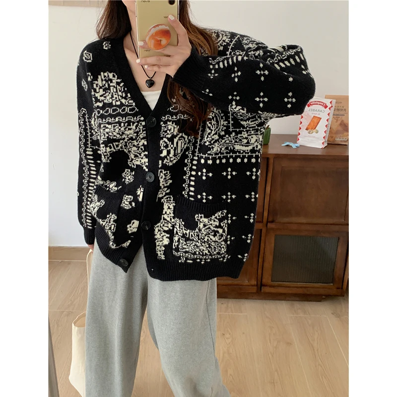 

MEXZT Vintage Print Knitted Cardigan Women Streetwear Oversized Sweater Coat Harajuku Korean V Neck Knitwear Loose Casual Jumper