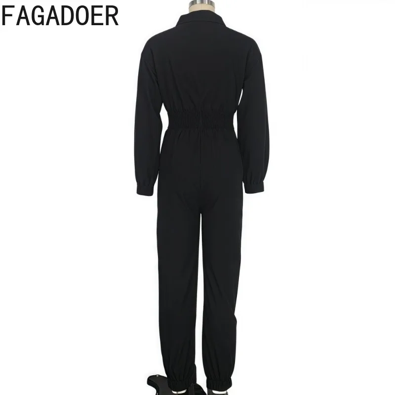 FAGADOER Jumpsuit Ritsleting Depan Saku Kasual Romper Bodycon Tambal Sulam Ruched Lengan Panjang Wanita Overall Pakaian Jalanan Wanita Baru