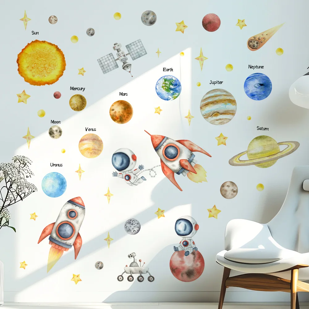 Cartoon Space Galaxy Rocket Wall Stickers Outer Space Astronauts Wall Decoration Stickers Planet Star