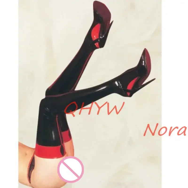 Handmade Latex Stockingg Red with Black Rubber Long Tight Socks for Women Wear with Dress Cosplay Costumes