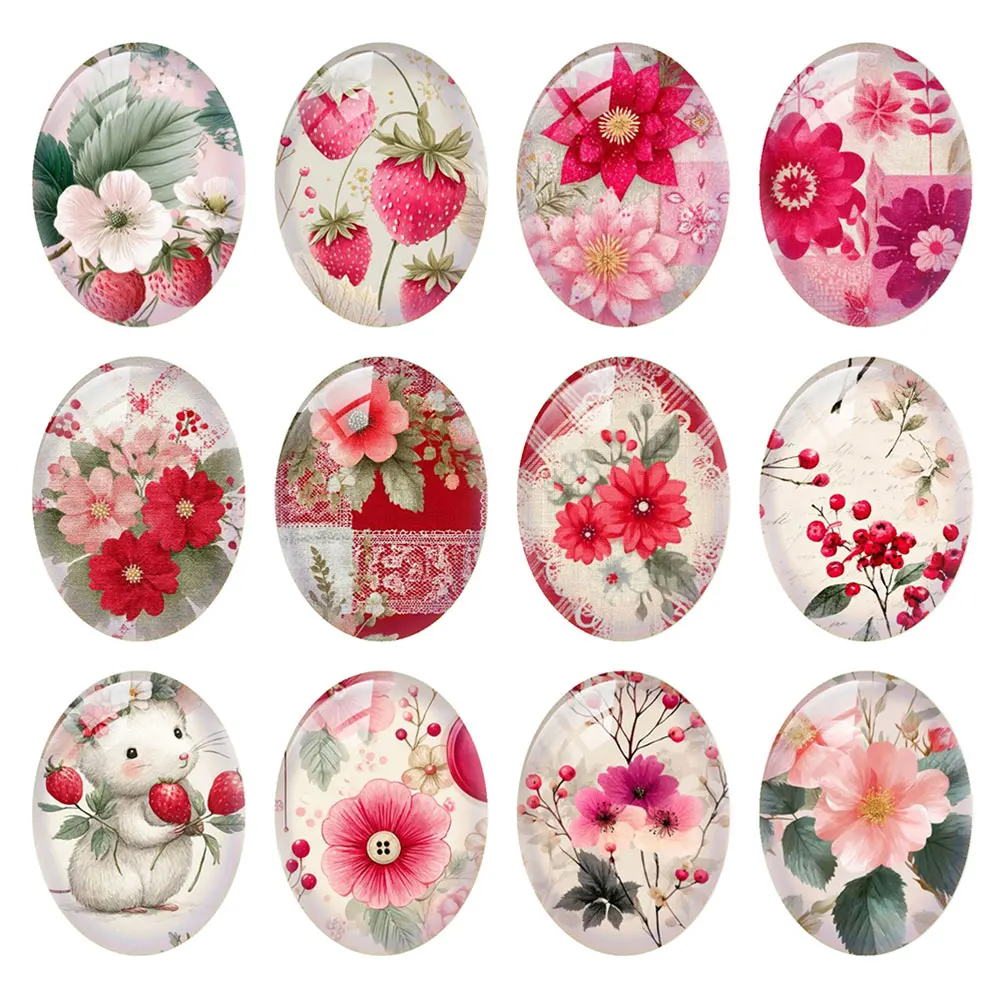 Random Mixed Round/Oval/Square Strawberry Cute Animal Floral Photo Glass Cabochon Flatback Demo Cameo For Diy Jewelry Making